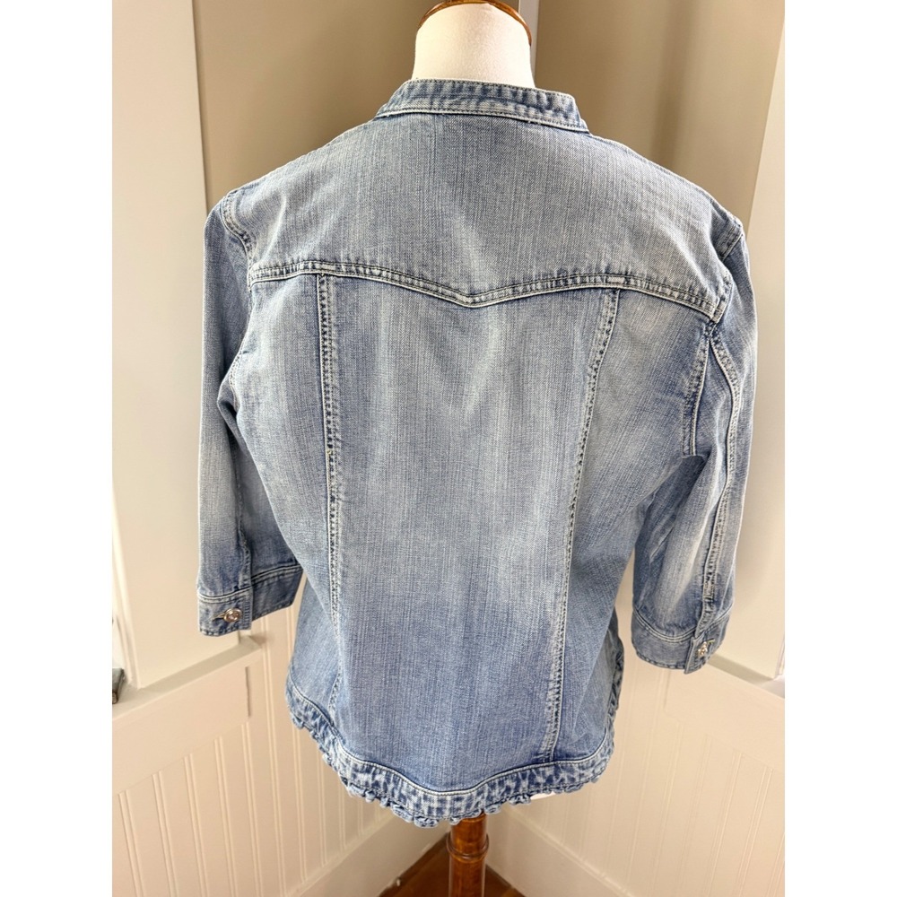 Chico's Platinum Ruffle Denim Jacket Rhinestone Light Wash Size 2 Large - Picture 3 of 16